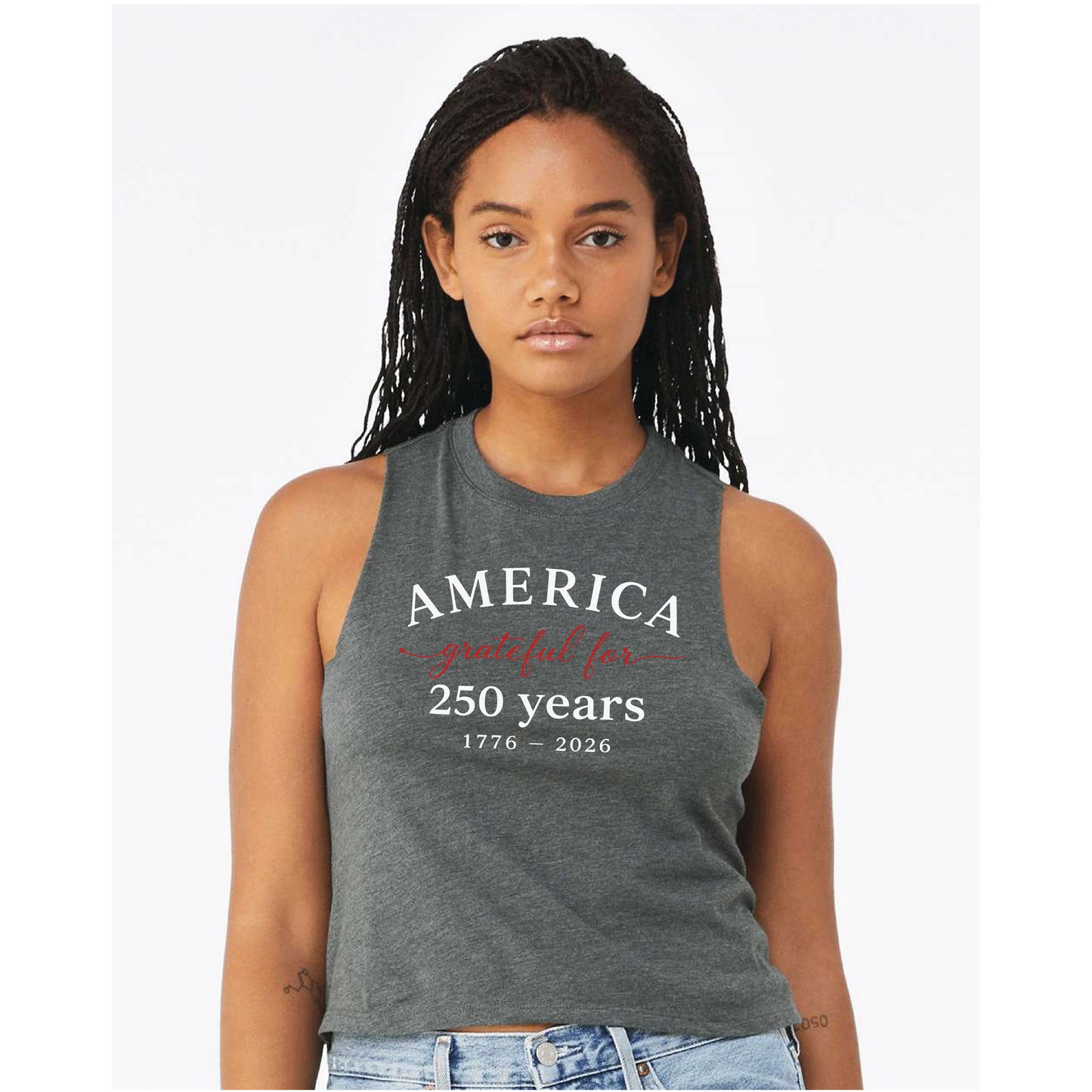 America Grateful for 250 Years Women's Racerback Crop Tank