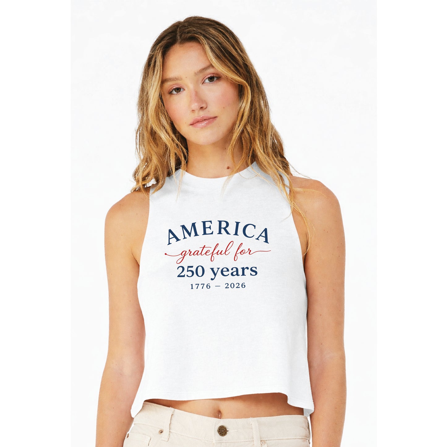 America Grateful for 250 Years Women's Racerback Crop Tank
